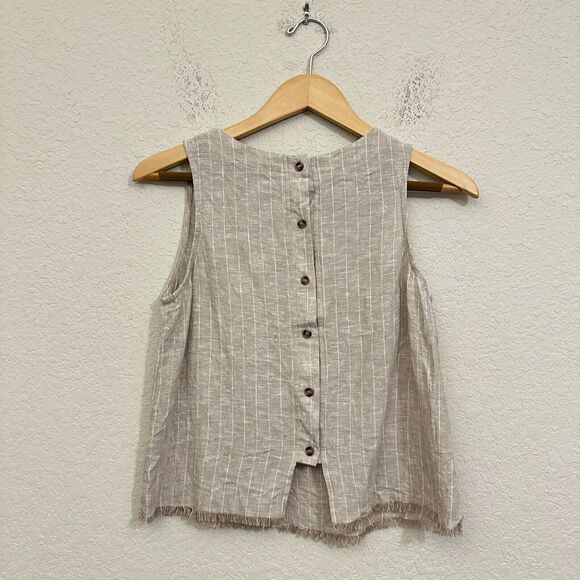 DREW Tank Top Sand Beige Burlap Striped Sleeveless Fringed Linen Blend - Picture 2 of 9